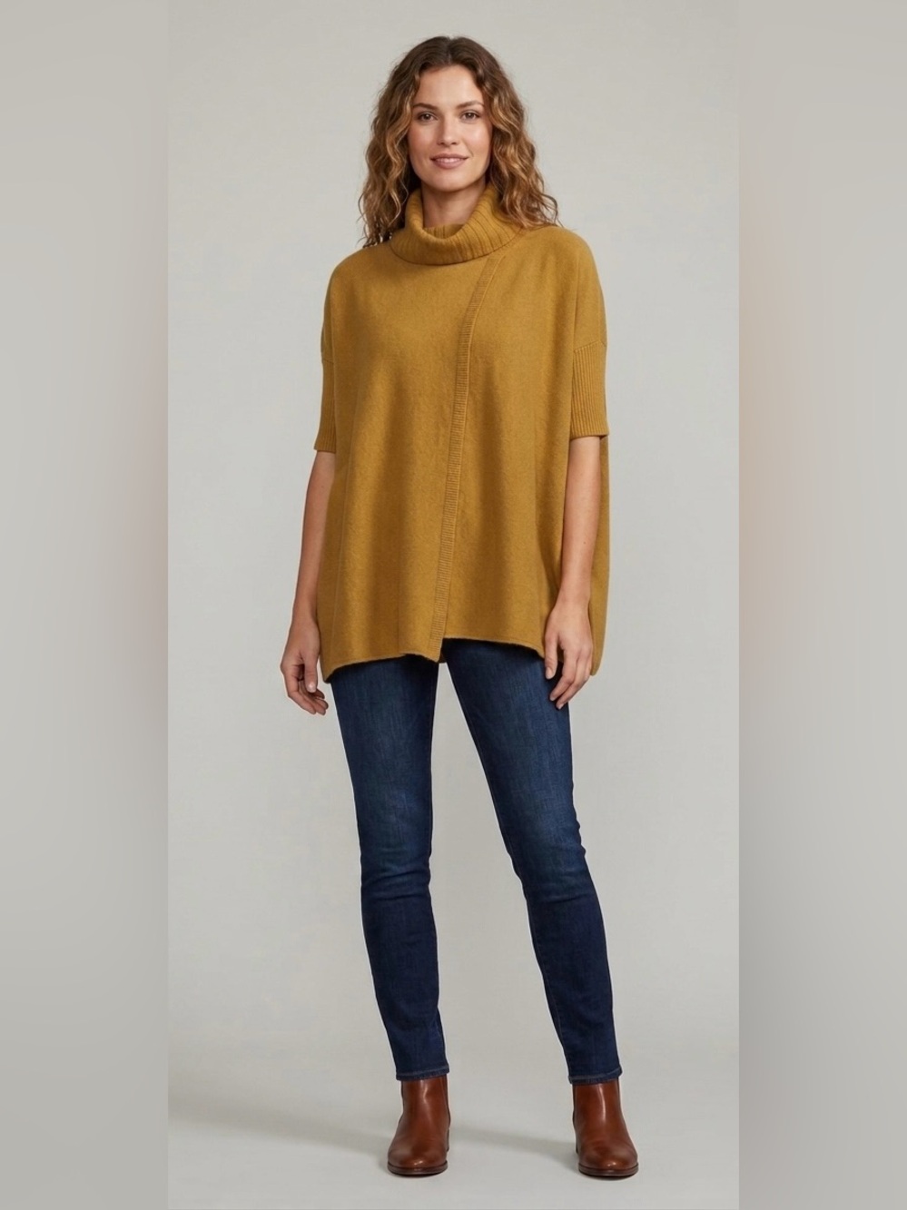 Cynthia Rowley Merino Wool Cowl Neck Poncho Sweater Top Mustard Yellow
